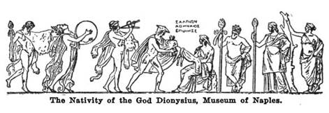 Nativity of Dionysus: Hermes presents the baby Dionysus to a goddess or mortal woman; two groups of three figures are in attendance on either side; bas relief from the Museum of Naples