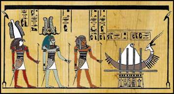 Sokar the baby sun at the Winter Solstice approached by three dignitaries, Ptah-Osiris-Sokar