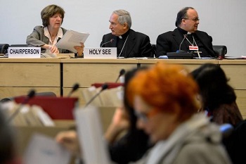 A file photo shows (left to right) chairperson Norwegian Kirsten Sandberg, Vatican's UN Ambassador Monsignor Silvano Tomasi and Former Vatican Chief Prosecutor of Clerical Sexual Abuse Charles Scicluna at the start of questioning over clerical sexual abuse of children at the headquarters of the United Nations (UN) High Commissioner for Human Rights.