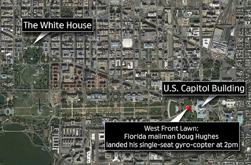 Protest flight: Doug Hughes took off from an undisclosed location in Washington D.C. and landed his gyro-copter on the West Front lawn of the US Capitol building